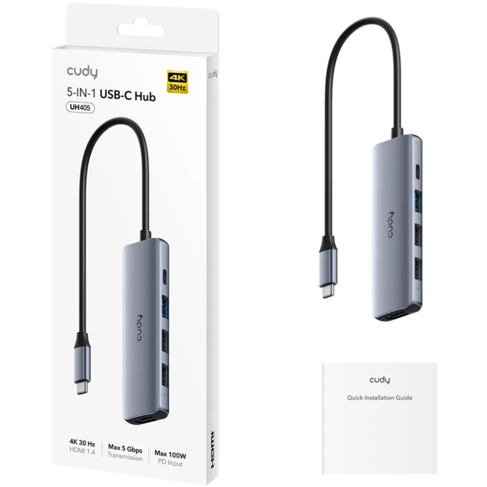 Концентратор Cudy USB-C 5-in-1 1xHDMI 4K + 1xUSB-C PD100W + 1xUSB 3.0 5Gbps + 2xUSB 2.0 (UH405)