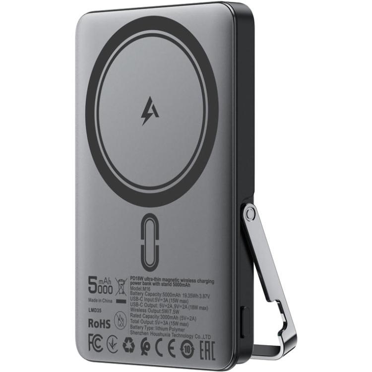 УМБ Acefast Magnetic Wireless 5000mAh 18W PD,QC3.0 USB-C In/Out,with holder, ультра тонкий M16 Black (6974316283997)