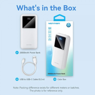 УМБ Vention 20000mAh 22.5W 3A,PD,QC 3.0, Micro-USB,USB-C,2xUSB-A, LED Display White (FHLW0) (1805213)