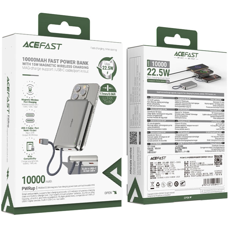 УМБ Acefast Magnetic Wireless 10000mAh 22.5W PD,QC 3.0 USB-C In/Out, QI 15W  M18 Black (6974316284017)