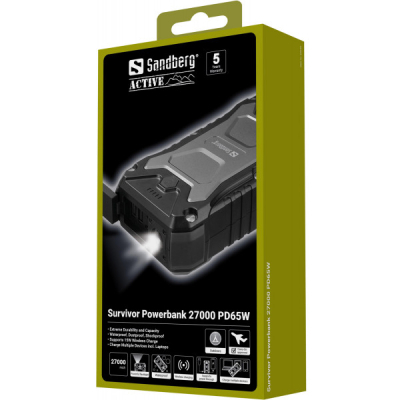 Батарея універсальна Sandberg 27000mAh Survivor PD/65W, IP66, LED Torch, QC/3.0/18W, QI-15W, Pass-Through Charging (420-99)