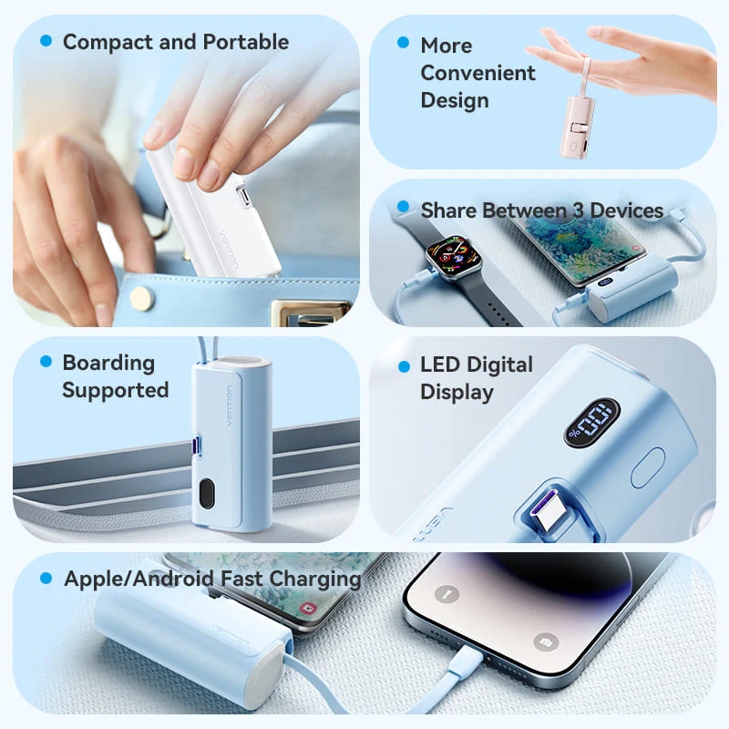 УМБ Vention 4800mAh 22,5W PD, USB-C In/Out, LED display, with built-in USB-C cable Black (FHQB0)