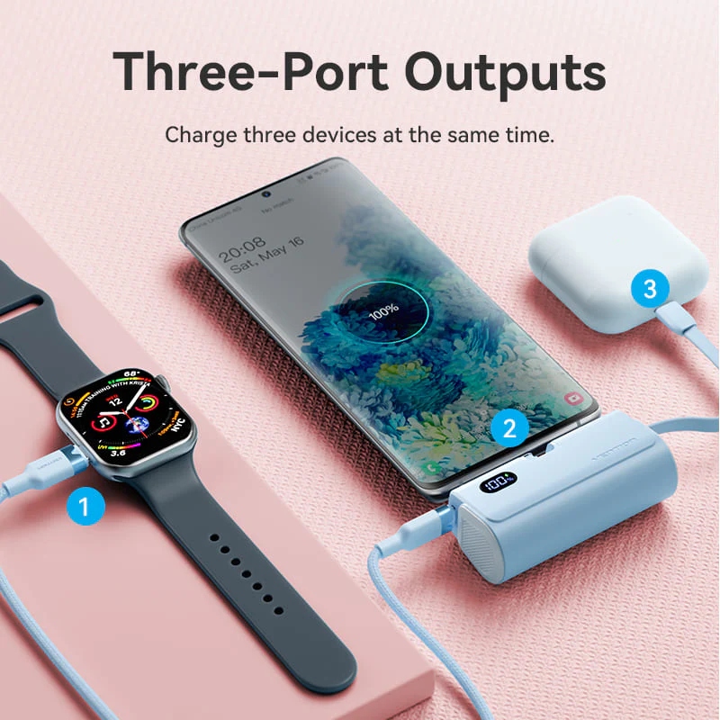 УМБ Vention 4800mAh 22,5W PD, USB-C In/Out, LED display, with built-in USB-C cable Black (FHQB0)