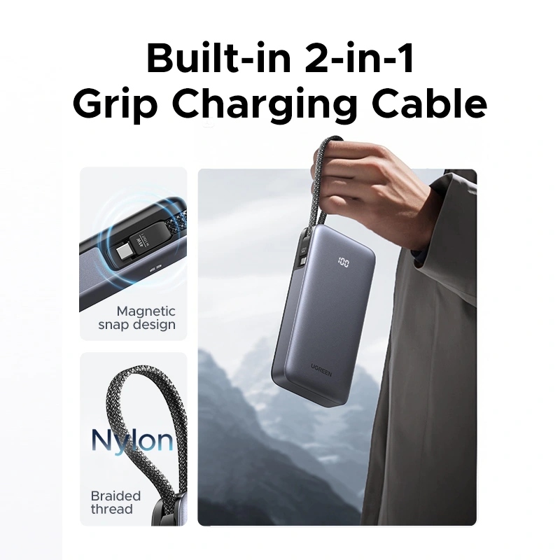 УМБ Ugreen 25000mAh 45W PD/QC, USB-A,USB-С IN/OUT, with built in USB-C cable (PB536) Gray (55988B)