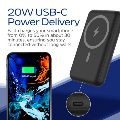 Батарея універсальна Energizer Magnetic Wireless 10000mAh 22.5W PD USB-A, USB-C In/Out, Black (QM100