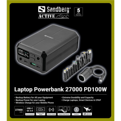 Батарея універсальна Sandberg 27000mAh Laptop DC12-24v 84W, PD/100W, QC/3.0, QI/10W, PowerThrough (4