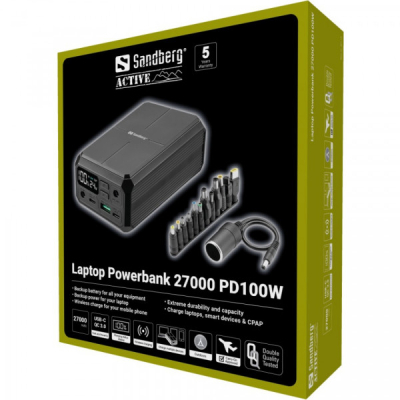 Батарея універсальна Sandberg 27000mAh Laptop DC12-24v 84W, PD/100W, QC/3.0, QI/10W, PowerThrough (4