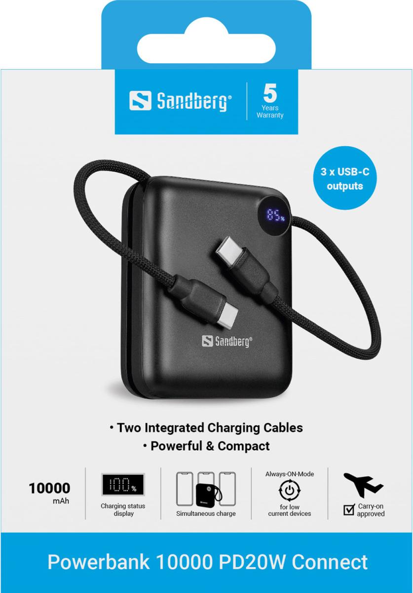 УМБ Sandberg 10000mAh 20W PD,QC3.0, USB-C In/Out, with 2 cables USB-C (421-26)