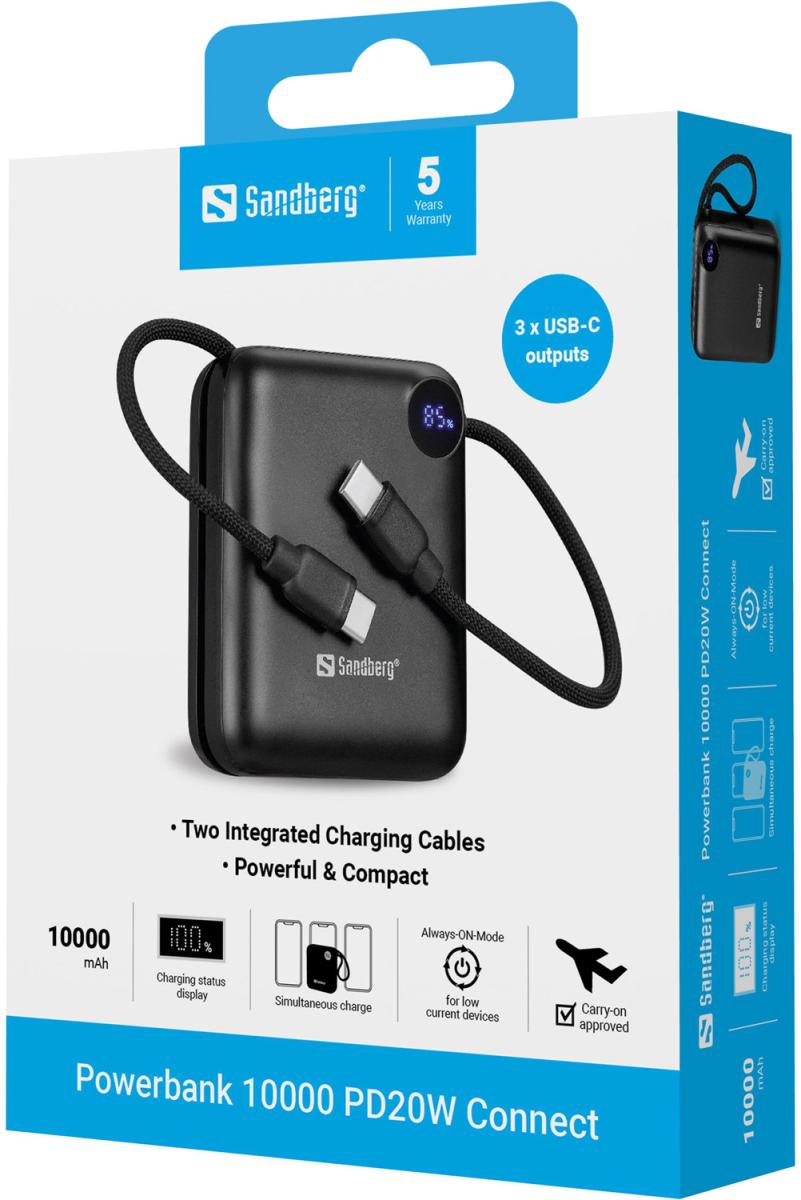 УМБ Sandberg 10000mAh 20W PD,QC3.0, USB-C In/Out, with 2 cables USB-C (421-26)