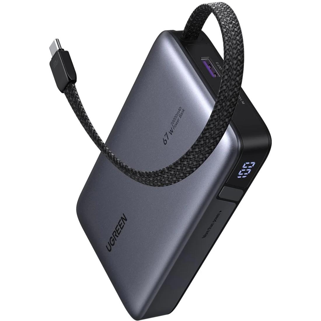 УМБ Ugreen 20000mAh PB550 67W USB-A, USB-C In/Out, with built-in USB-C cable Grey (55996B)