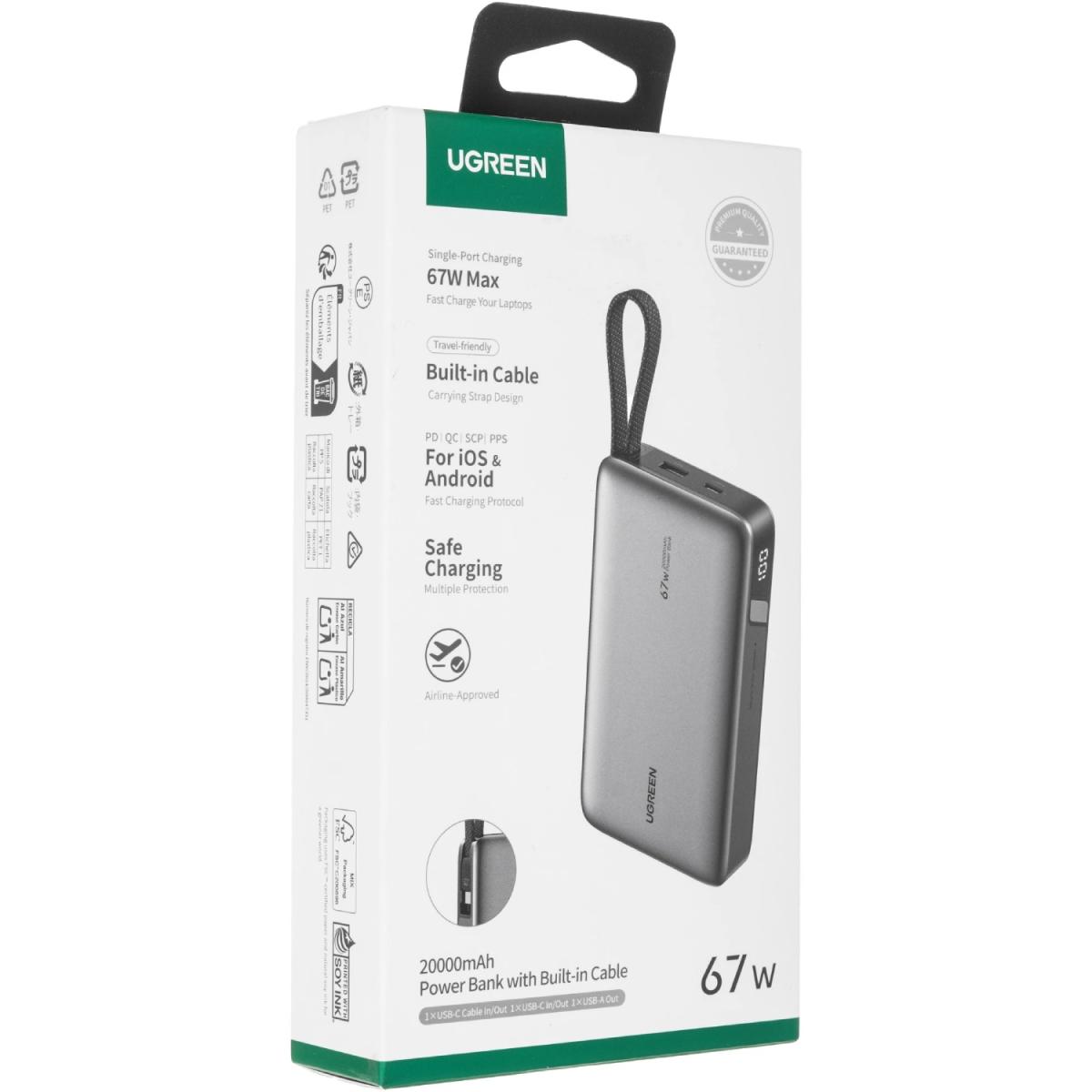 УМБ Ugreen 20000mAh PB550 67W USB-A, USB-C In/Out, with built-in USB-C cable Grey (55996B)