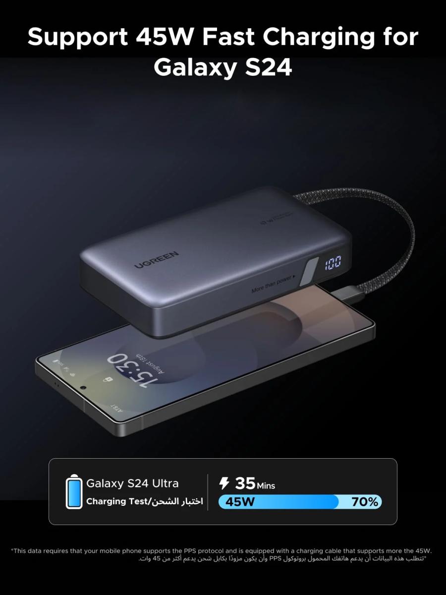 УМБ Ugreen 20000mAh PB550 67W USB-A, USB-C In/Out, with built-in USB-C cable Grey (55996B)