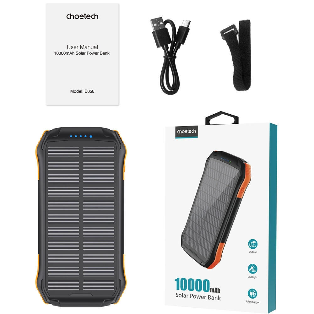 Батарея універсальна Choetech 10000mAh 10W 2USB-A+USB-C,solar panel Black-Orange (B658-OR)