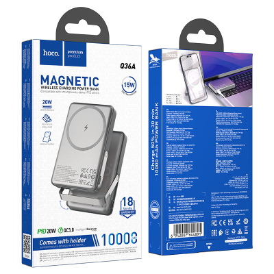 Батарея універсальна HOCO 10000mAh Sunlight PD/20W Magnetic with stand Metal Grey (Q36A / 714987)