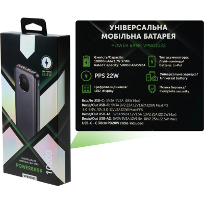 Батарея універсальна Vinga 10000 mAh 22.5W Display Black (VPBB1022) Батарея універсальна Vinga 10000 mAh 22.5W Display Black (VPBB1022)