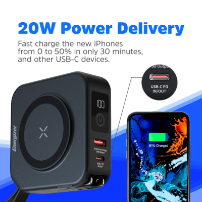 Батарея універсальна Energizer Magnetic Wireless 10000mAh 20W PD, AC зарядка, QI/15W, built-in USB-C
