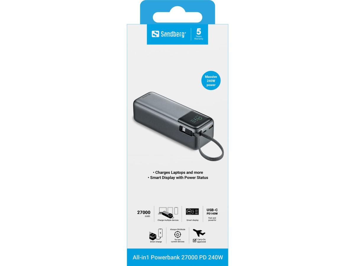 Батарея універсальна Sandberg 27000mAh 140W+100W PD/140W, with built-in Type-C cable 140W (421-31)