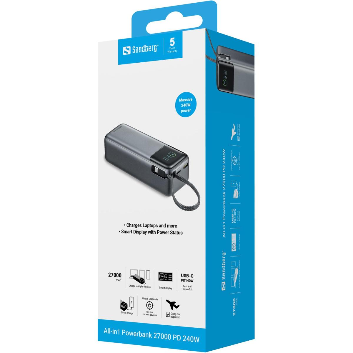 Батарея універсальна Sandberg 27000mAh 140W+100W PD/140W, with built-in Type-C cable 140W (421-31)