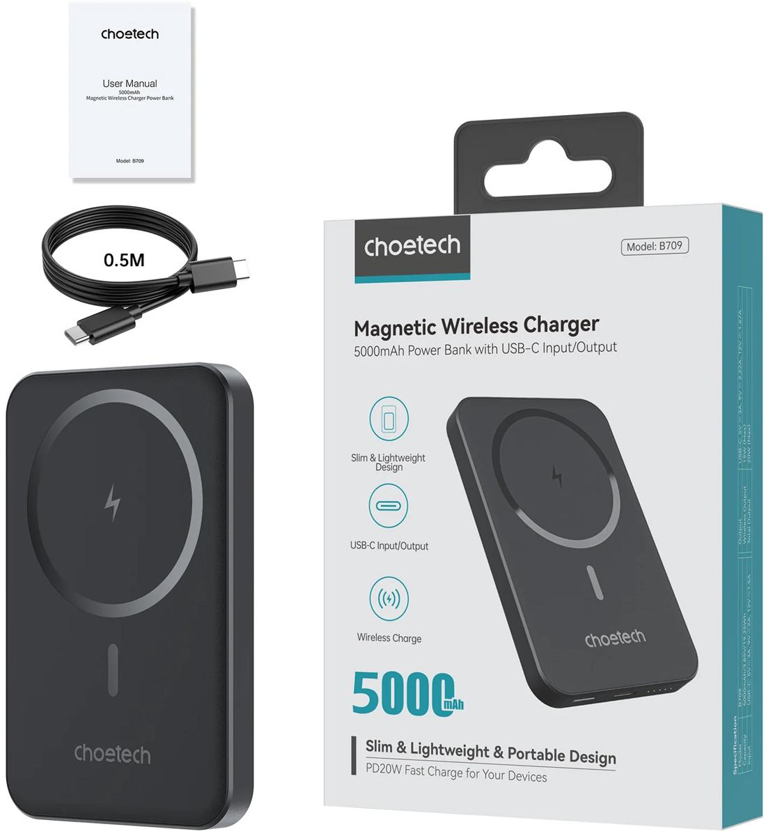 УМБ Choetech Magnetic Wireless 5000mAh 20W PD Qi-15W USB-C In/Out, тонкий, Black (B709-CCBK)