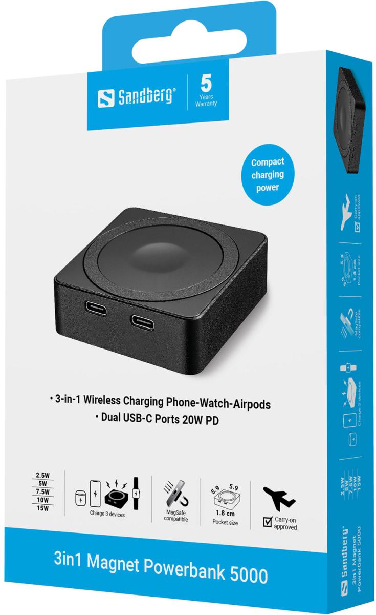 Батарея універсальна Sandberg Magnetic Wireless 5000mAh 20W PD, QI-15W for Apple Watch/Airpods (421-28)