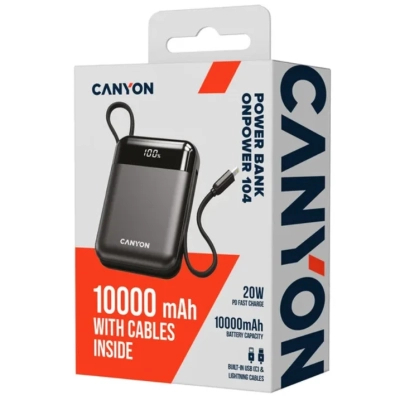 Батарея універсальна Canyon 10000mAh OnPower 104 PD/20W, QC/22.5W built-in cable Black (CNS-CPB104B)