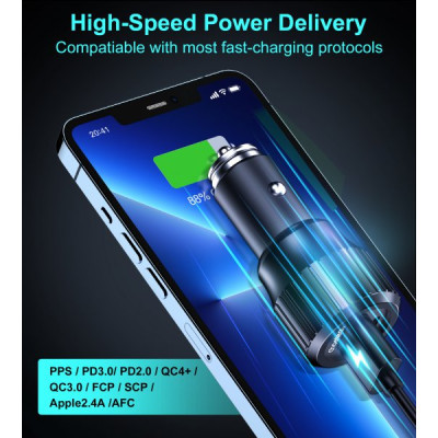 Зарядний пристрій Choetech car USB-A/USB-C 63W QC3.0/PD/PPS black (TC0010-BK)