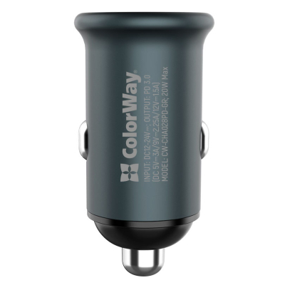 Автомобільний зарядний пристрій ColorWay (1USBx3A, 20W) Power Delivery Port Gray (CW-CHA028PD-GR)