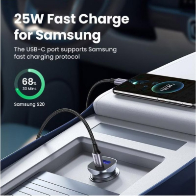 Зарядний пристрій Ugreen 1xUSB-C + 1xUSB 30W car adapter CD130 black (40858)