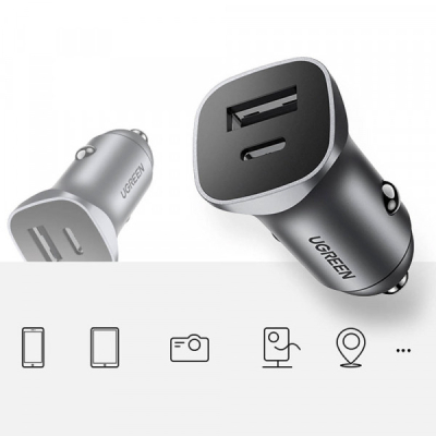 Зарядний пристрій Ugreen 1xUSB-C + 1xUSB 30W car adapter CD130 black (40858)
