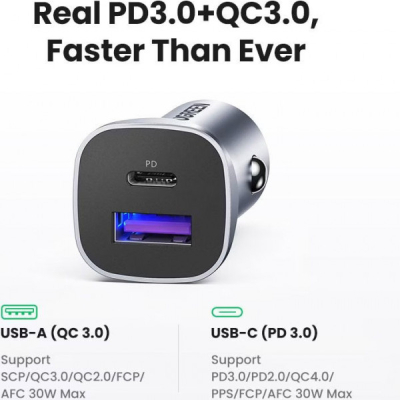 Зарядний пристрій Ugreen 1xUSB-C + 1xUSB 30W car adapter CD130 black (40858)