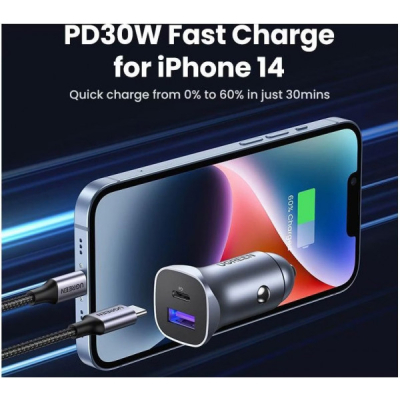 Зарядний пристрій Ugreen 1xUSB-C + 1xUSB 30W car adapter CD130 black (40858)