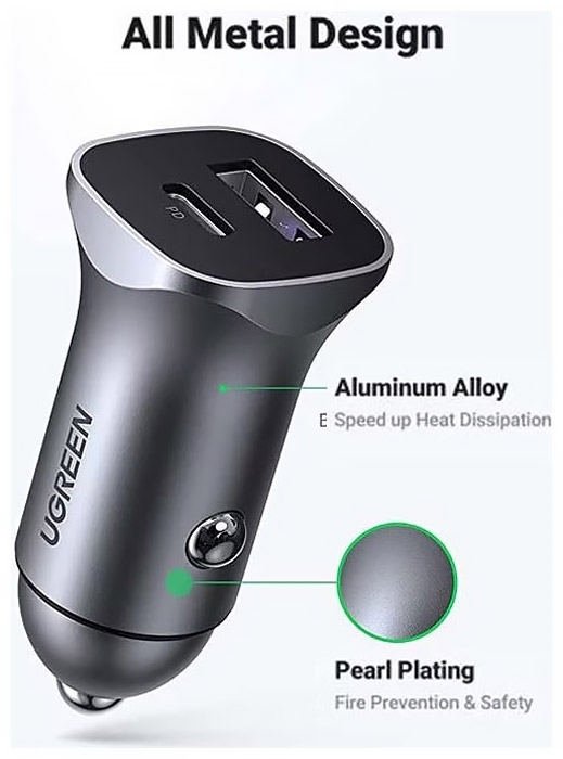 Автозарядка 2xUSB 30W (USB-C + USB-A) CD130 Ugreen (40858)