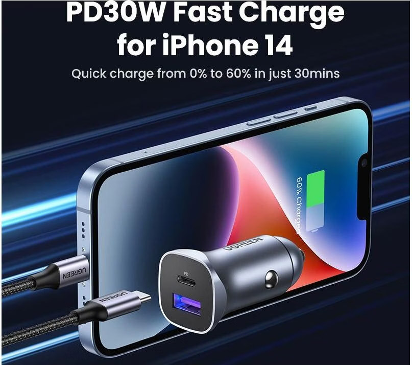 Автозарядка 2xUSB 30W (USB-C + USB-A) CD130 Ugreen (40858)