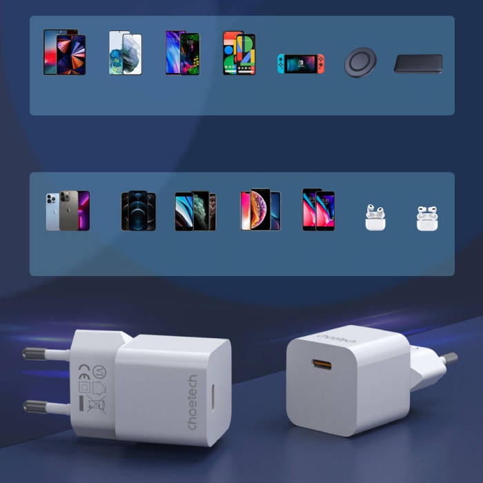 Зарядний пристрій Choetech GaN USB-C 20W QC3.0/PD/PPS (PD5010-EU-WH)