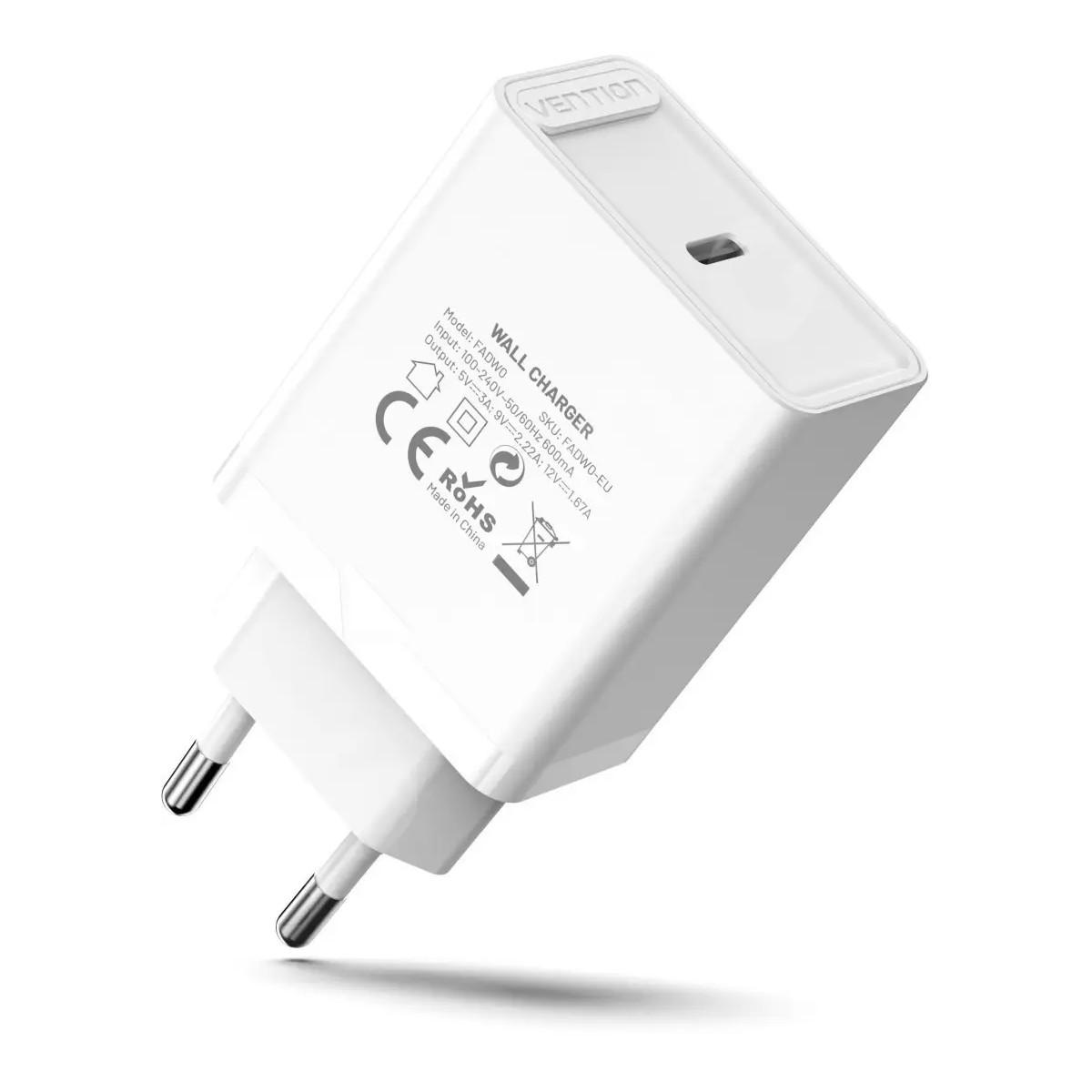 Зарядний пристрій Vention 1xUSB-C PD20W QC4.0 white (FADW0-EU)