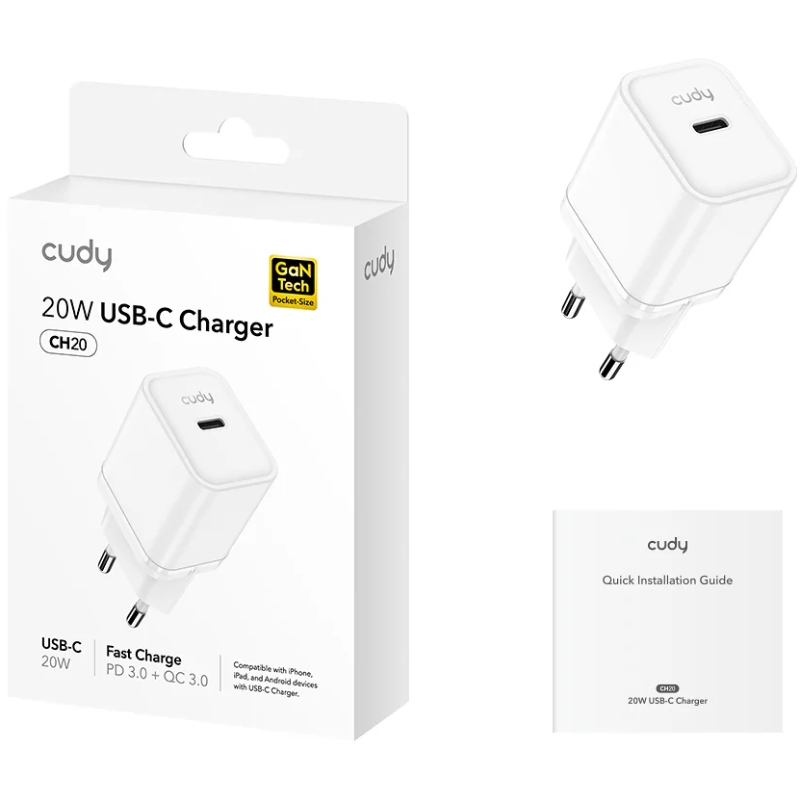 Зарядний пристрій 1xUSB 20W, (GaN, 1хUSB-C, QC+PD 3.0, вилка ЄС, для iPhone серії 12 та новіших мод. (CH20_EU)