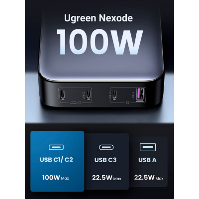 Зарядний пристрій Ugreen 4xUSB 100W (3xType-C+USB A QC3) GAN Charger Nexode Series Black CD328 (9092