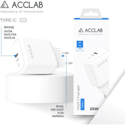Зарядний пристрій AccLab AL-TC125 1хType-C 5В/3A/25W QC/PD 3.0 White (1283126538841)