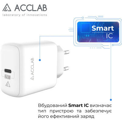 Зарядний пристрій AccLab AL-TC125 1хType-C 5В/3A/25W QC/PD 3.0 White (1283126538841)