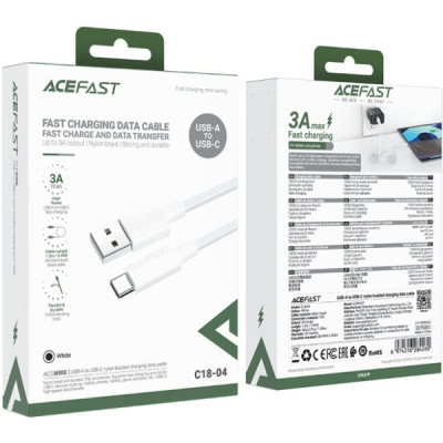 Дата кабель USB 2.0 AM to USB-C 1.2m 3A white Acefast (6974316284260)
