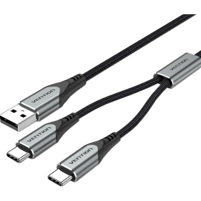 Дата кабель USB 2.0 AM to 2хUSB-C M 1.0m 2.4А 480Mbps Aluminum Vention (CQOHF)