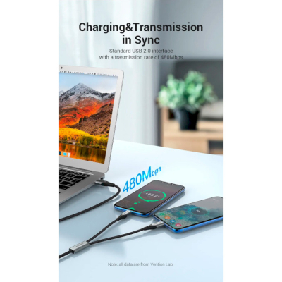 Дата кабель USB 2.0 AM to 2хUSB-C M 1.0m 2.4А 480Mbps Aluminum Vention (CQOHF)