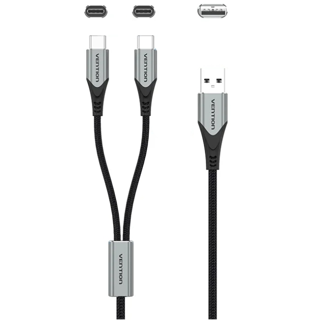 Дата кабель USB 2.0 AM to 2хUSB-C M 1.0m 2.4А 480Mbps Aluminum Vention (CQOHF)