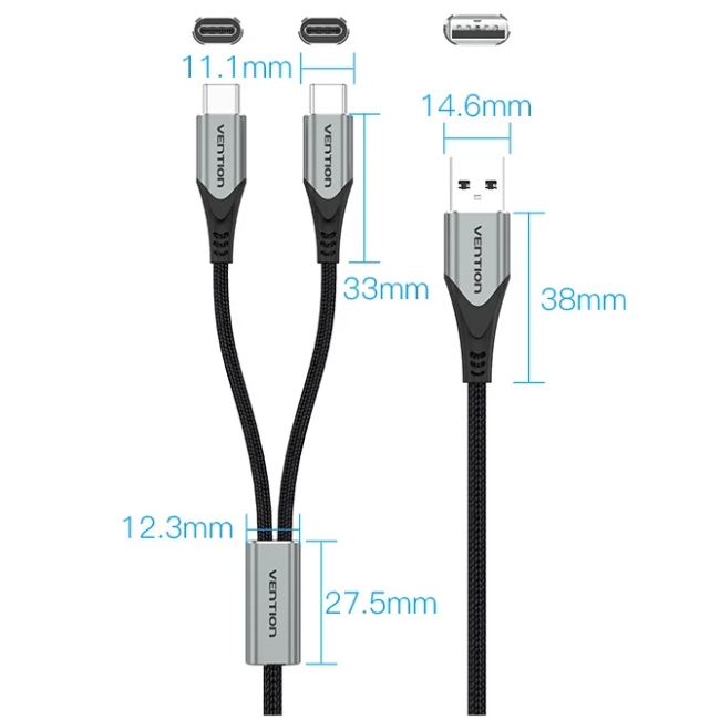 Дата кабель USB 2.0 AM to 2хUSB-C M 1.0m 2.4А 480Mbps Aluminum Vention (CQOHF)