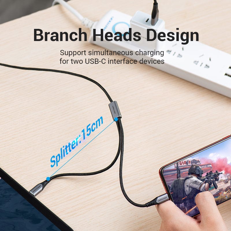 Дата кабель USB 2.0 AM to 2хUSB-C M 1.0m 2.4А 480Mbps Aluminum Vention (CQOHF)