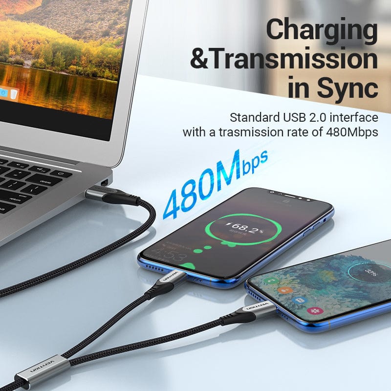 Дата кабель USB 2.0 AM to 2хUSB-C M 1.0m 2.4А 480Mbps Aluminum Vention (CQOHF)