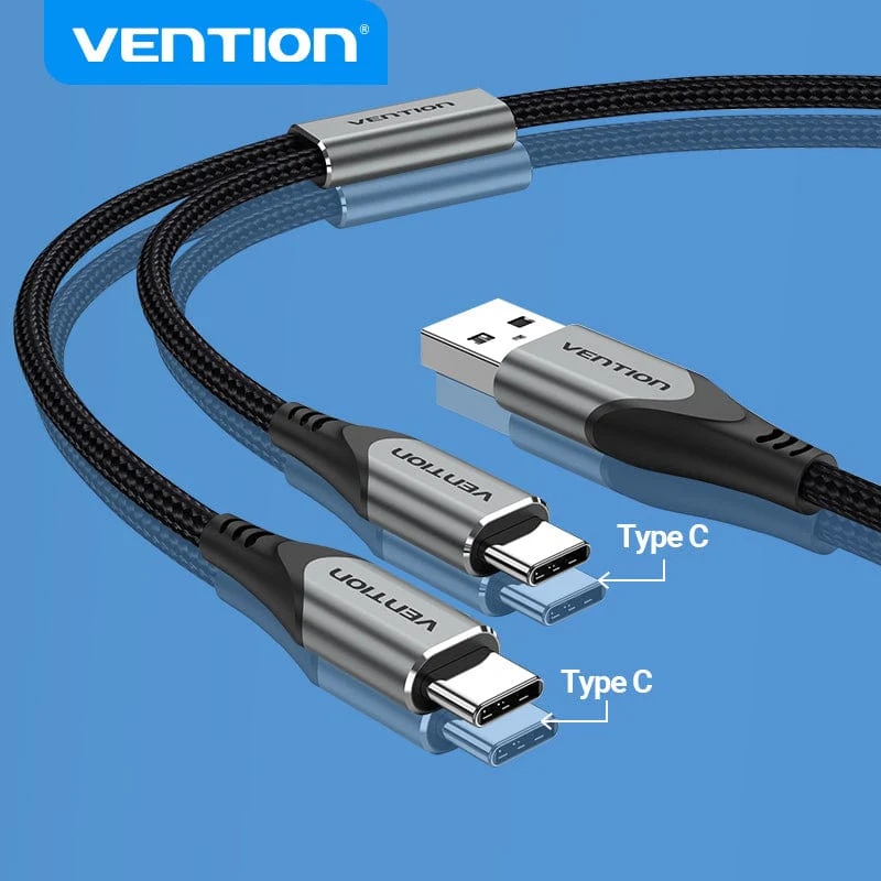 Дата кабель USB 2.0 AM to 2хUSB-C M 1.0m 2.4А 480Mbps Aluminum Vention (CQOHF)