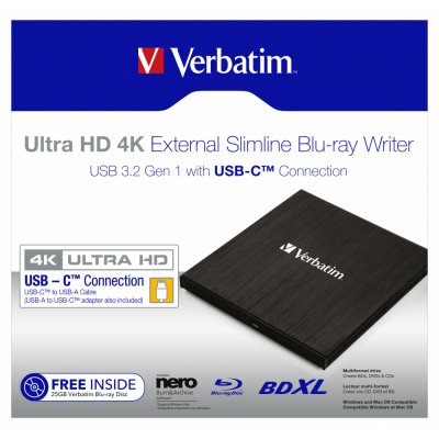 Зовнішній  оптичний привід Verbatim Ultra HD 4K BLU-RAY  &  DVD-RW USB 3.1 (43888)