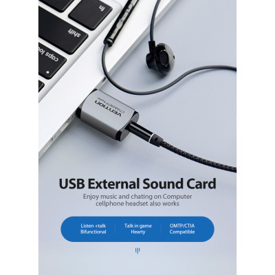 Звукова плата Vention Audio USB 1х3,5mm jack 4pin Metal (OMTP-CTIA) (CDLH0) (1533542)