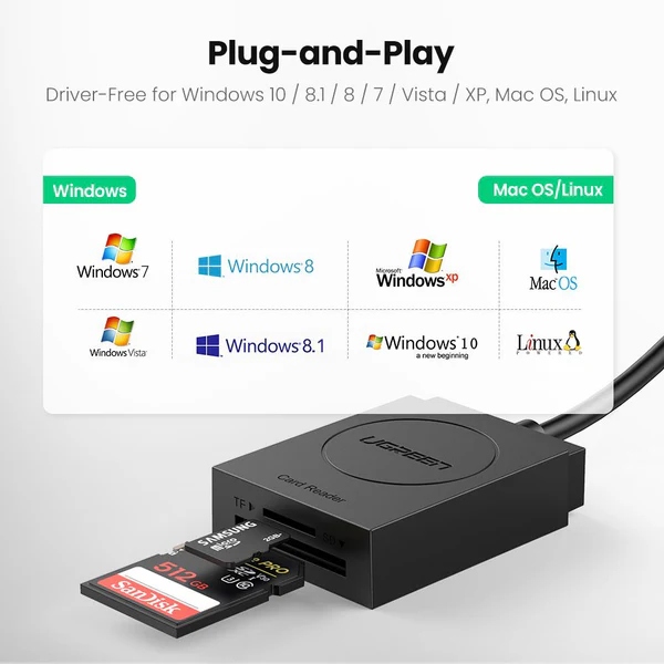 Card Reader USB 3.0 --> 2-слота SD/TF Card 0,15 м кабель CR127 Ugreen (20250)